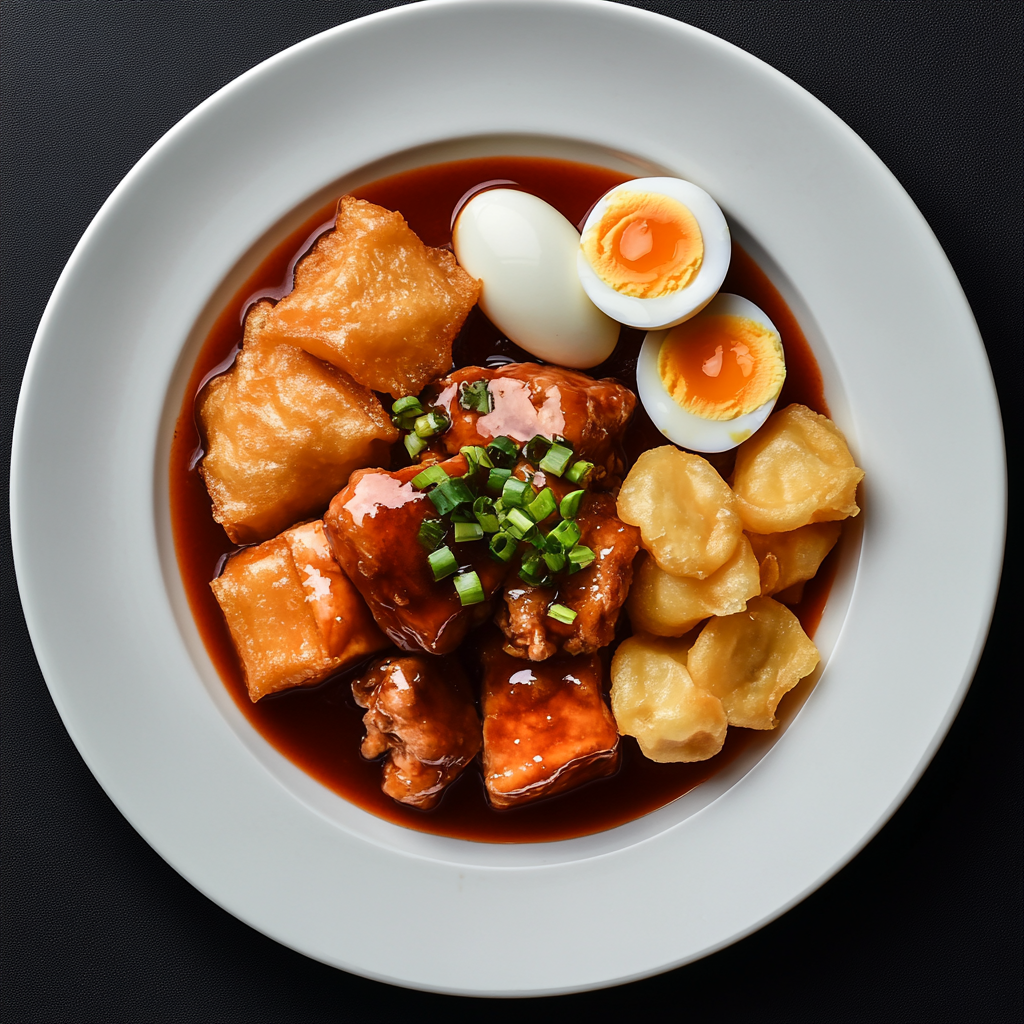 A Chinese plate with chicken, pork, egg, and wontons