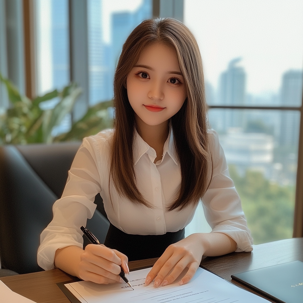 A Chinese sales specialist signing a contract