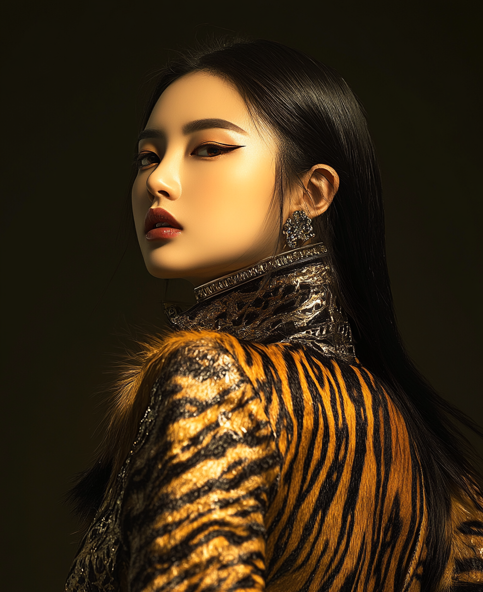 A Chinese woman in tiger fur with dramatic lighting