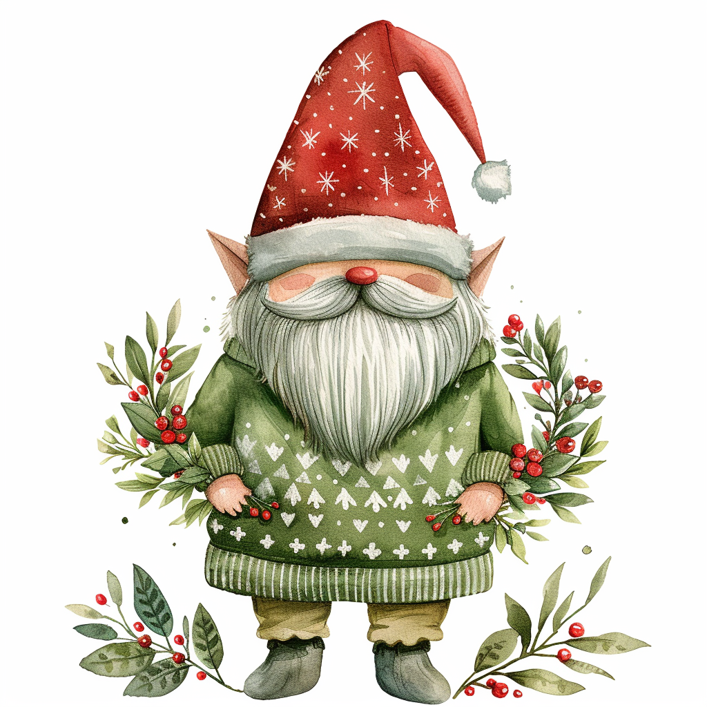 A Christmas Gnome in Green Sweater and Santa Hat