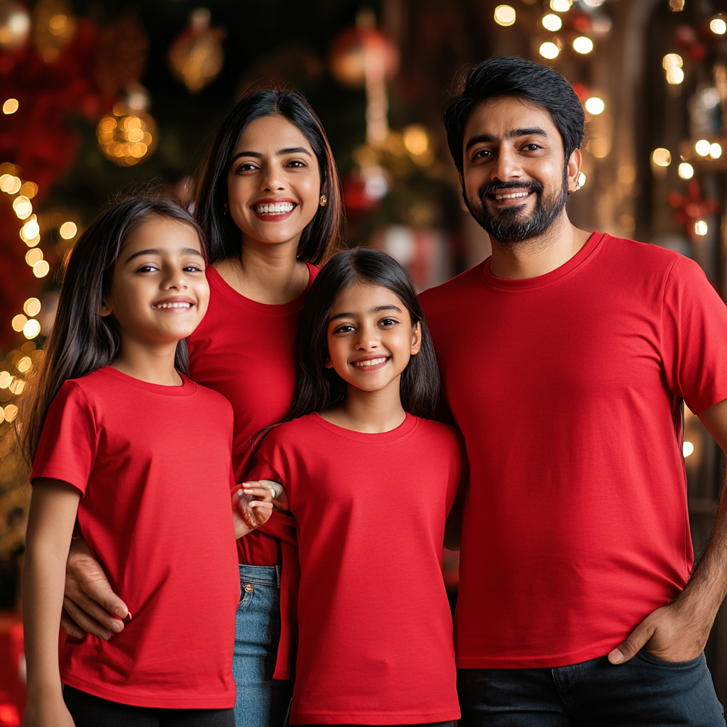 A Christmas Indian family of four in red shirts.