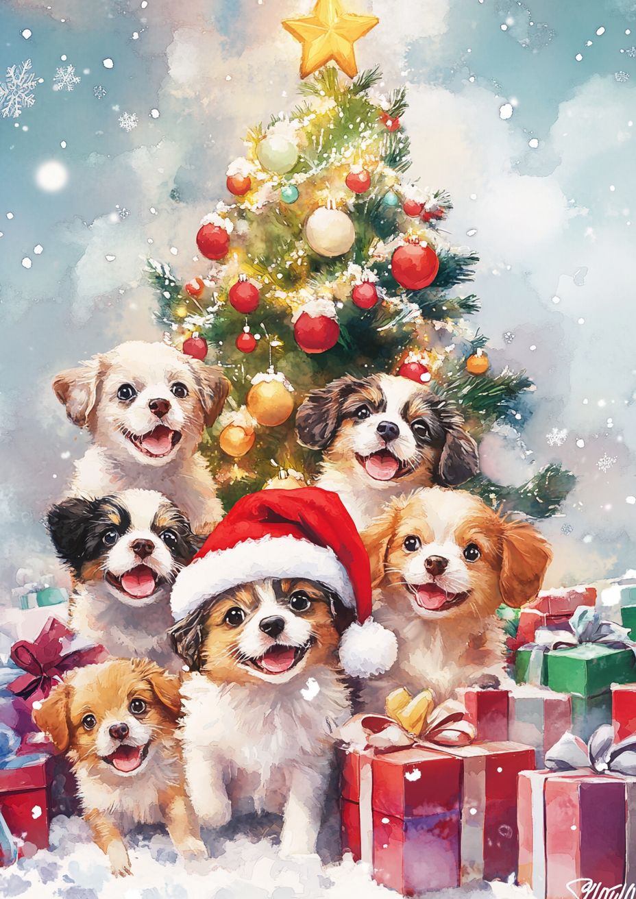 A Christmas card with cute puppies in Santa hats