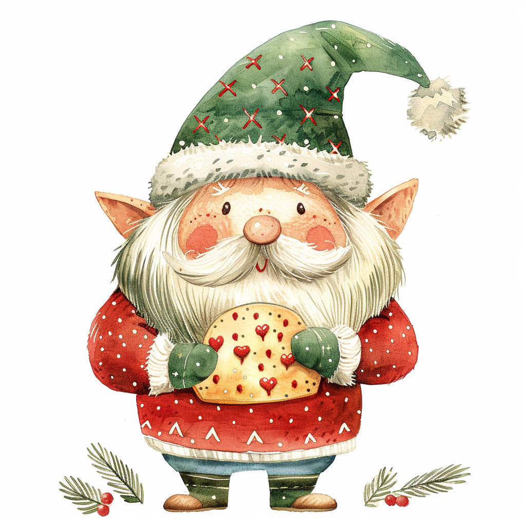 A Christmas gnome holding cookie and wearing festive outfit