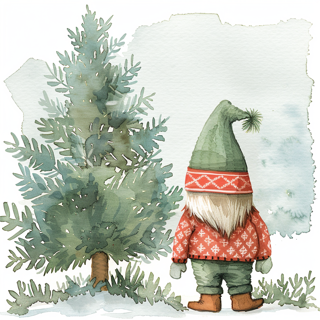 A Christmas gnome in red sweater by tree