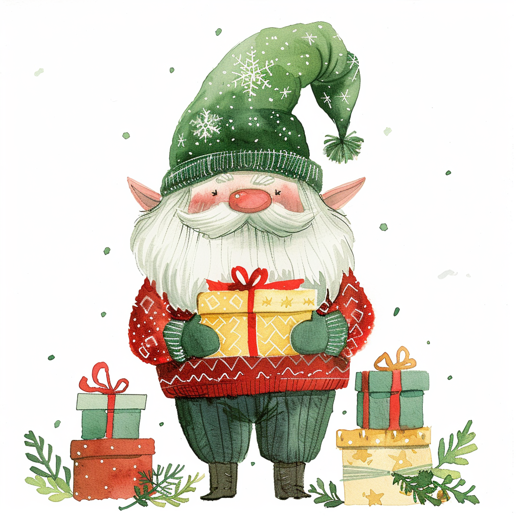 A Christmas gnome in red sweater holds presents