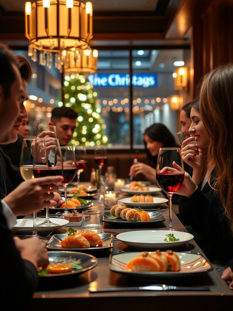 A Christmas party with fancy sushi dinner setting