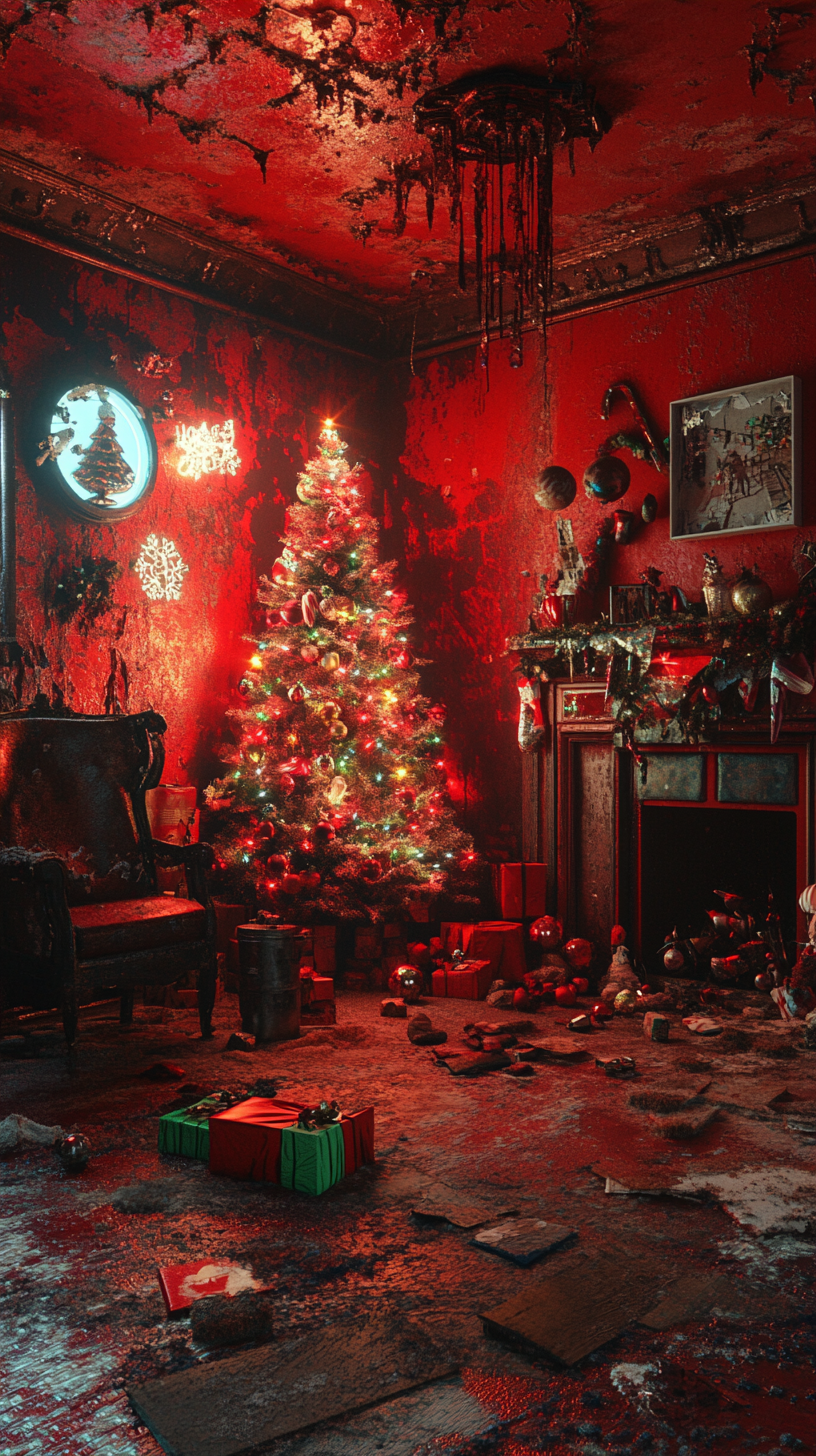 A Christmas room with vibrant red colors.