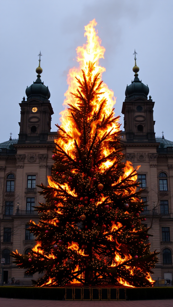 A Christmas tree burns in front of city hall.