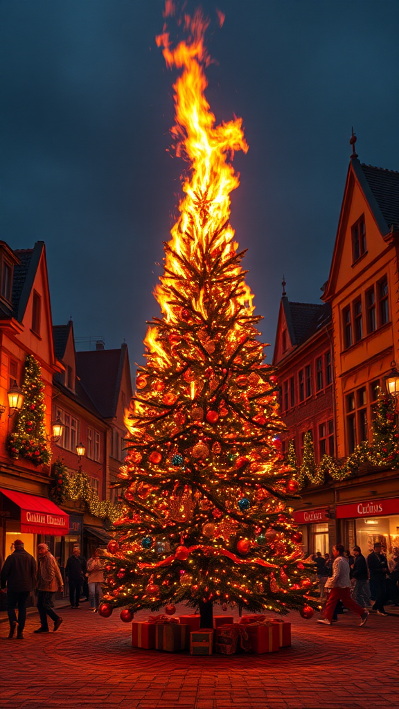 A Christmas tree on fire in town square.