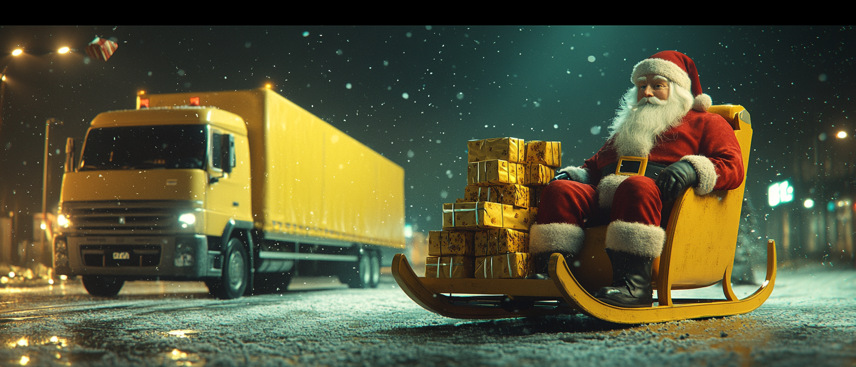 A Cinematic Santa Claus Delivering Logistics Packages