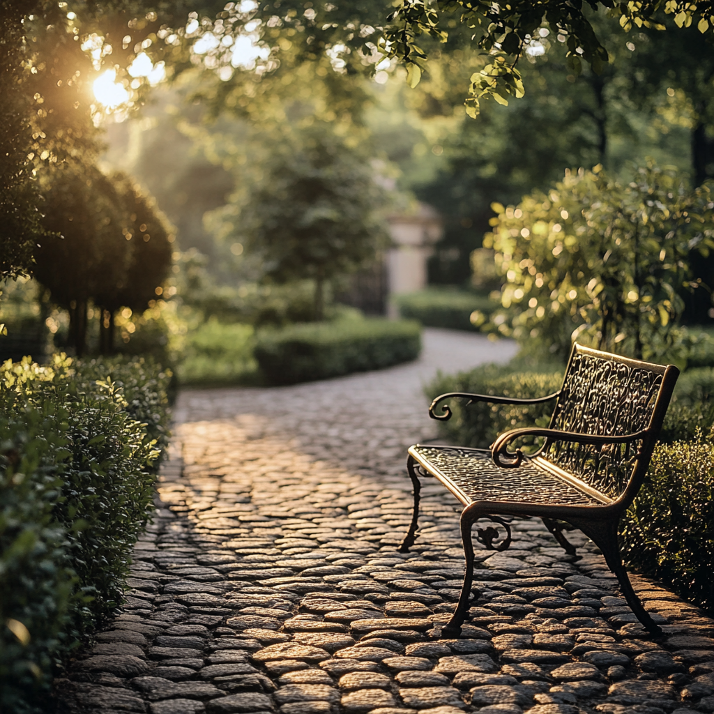 A Classic European Garden with Cobblestone Pathway