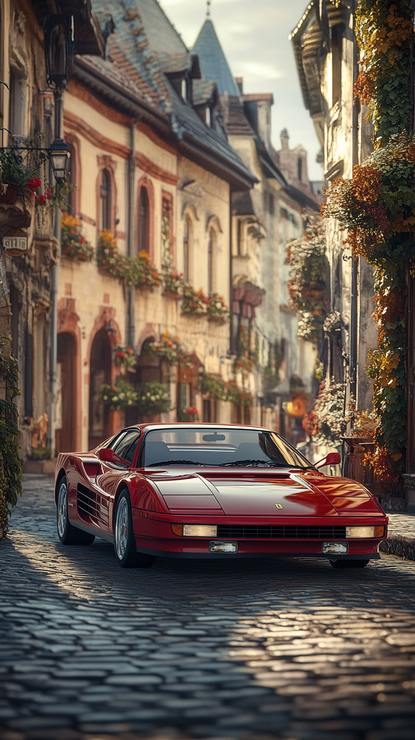 A Classic Ferrari Testarossa on Cobblestone Street