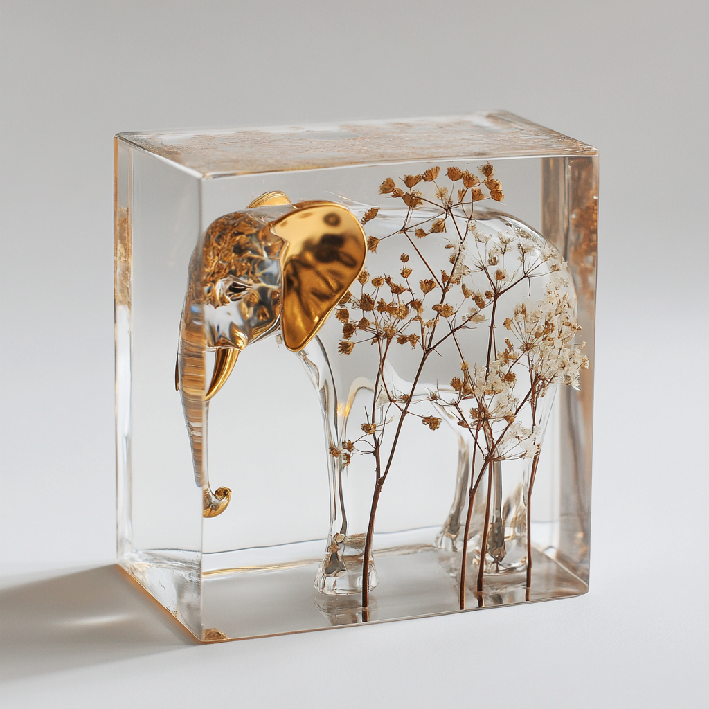 A Clear Glass Elephant with Dried Flowers