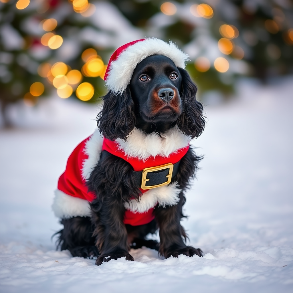 A Cocker Spaniel in a Santa Suit on Snow