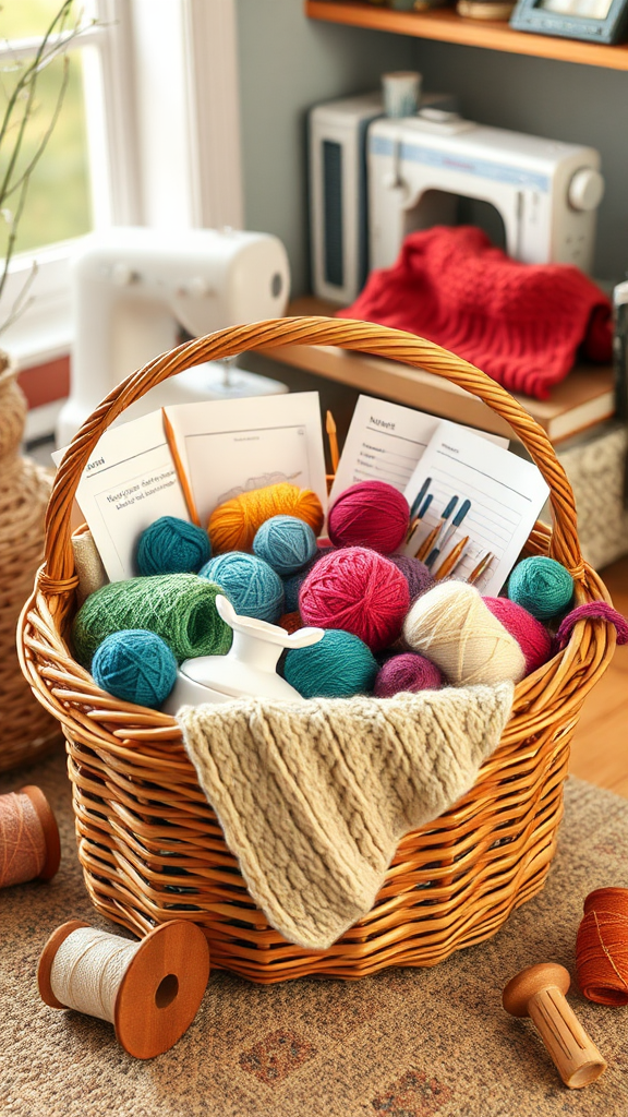 A Colorful Crafting Basket with Fabrics and Tools