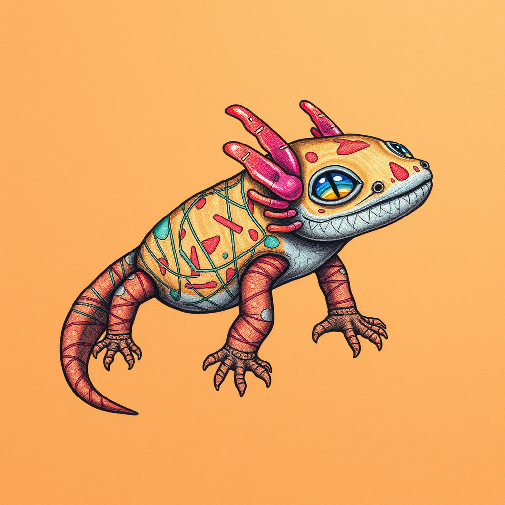 A Colorful Glitched Axolotl Drawing on Orange Canvas.