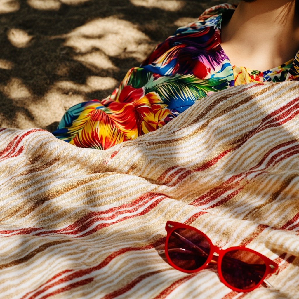 A Colorful Hawaiian Shirt Resting on Striped Blanket