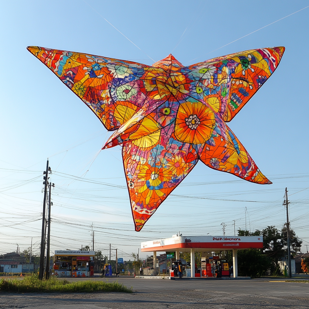 A Colorful Kite Soars Over Gas Station