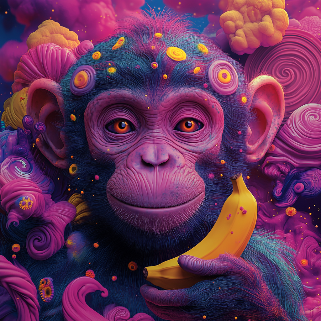 A Colorful Monkey with Banana in Surreal Setting