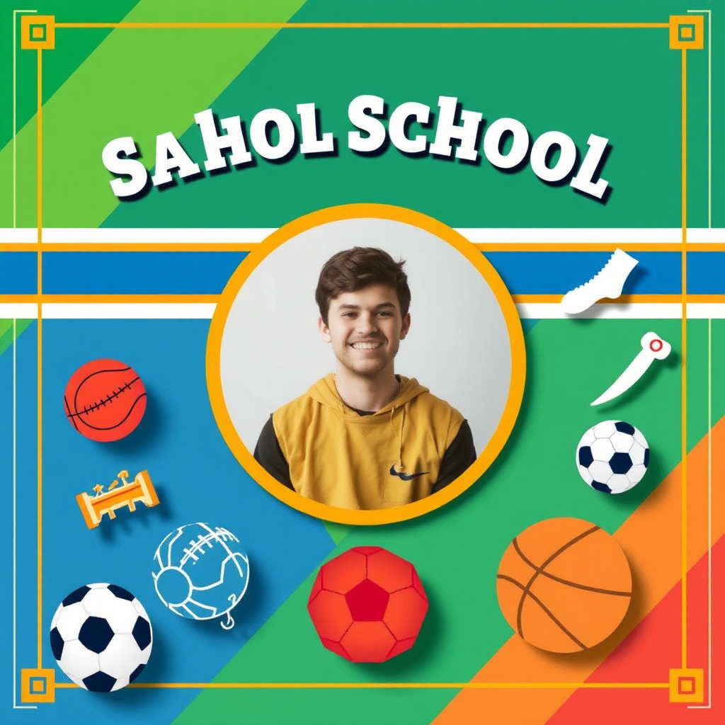 A Colorful School Banner with Student Photo and Sport Icons