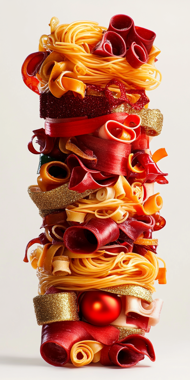 A Colorful Spaghetti Tower with Christmas Gifts