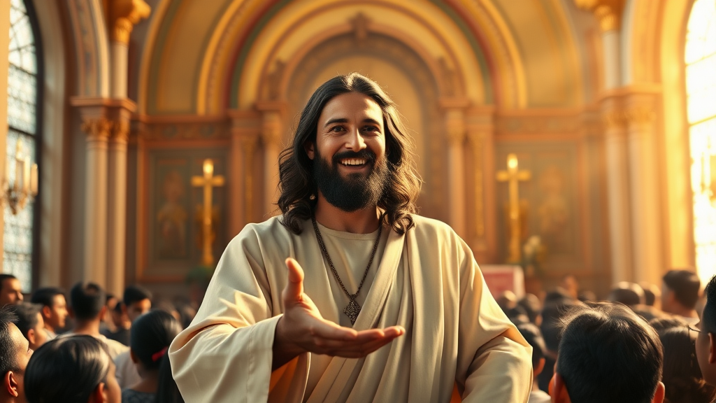 A Compassionate Jesus Christ in Chapel Blessing Crowd.