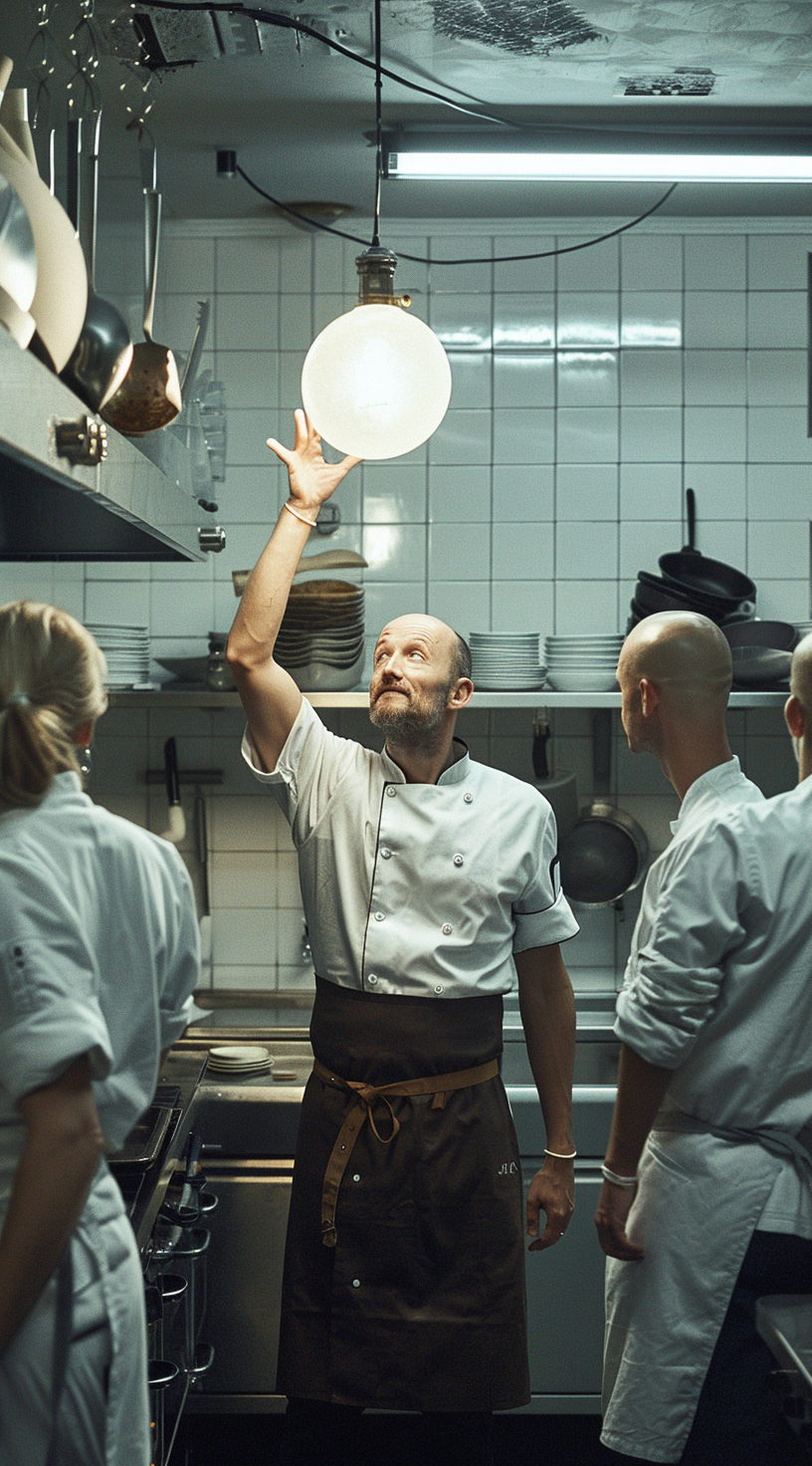 A Cook in a Clean Kitchen with Lit Lightbulb.