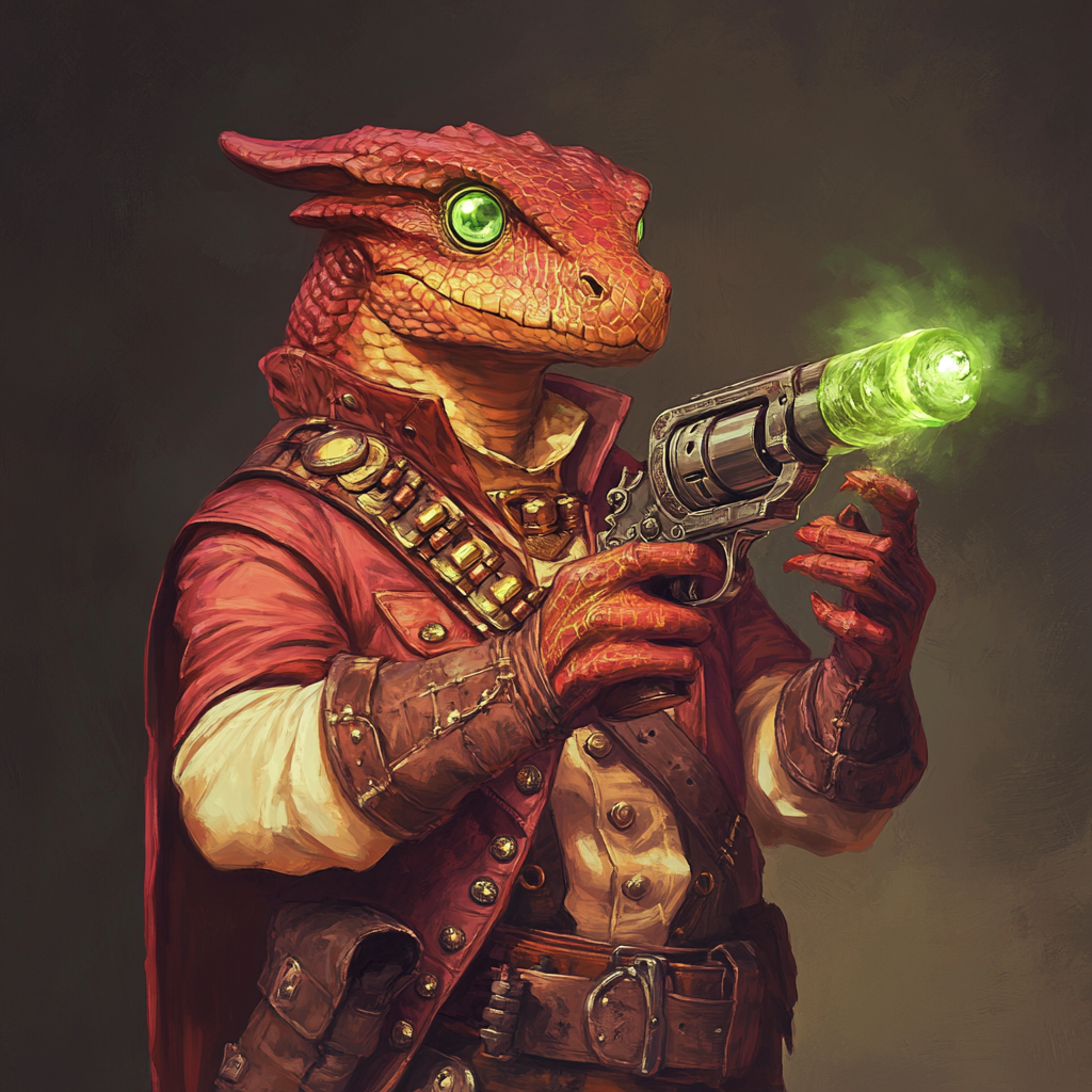 A Copper Dragonborn Gunslinger with Mechanical Eye boldy poses