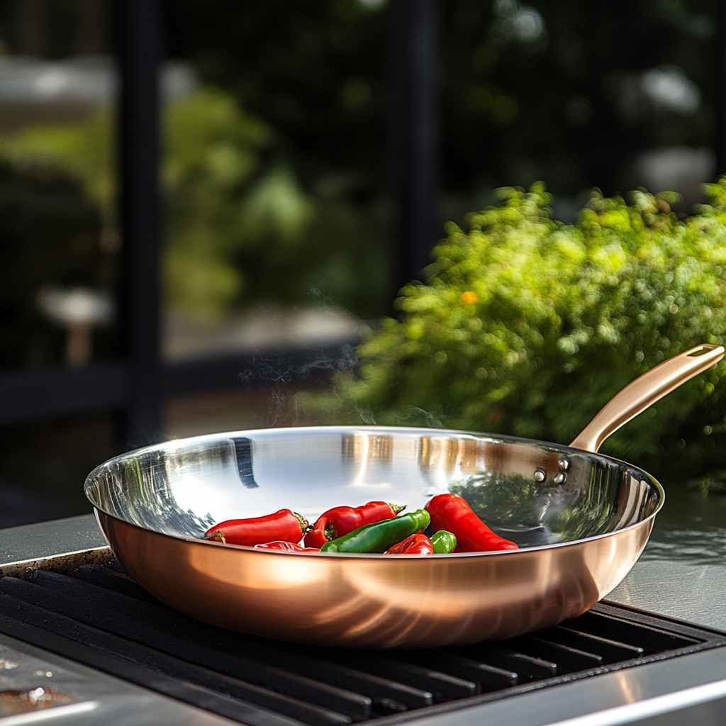 A Copper Pan Cooking Steak on Grill