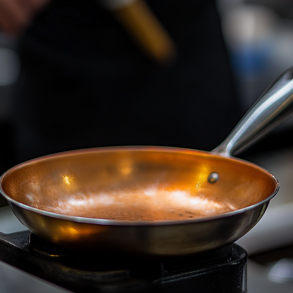 A Copper Pan with stainless steel handle