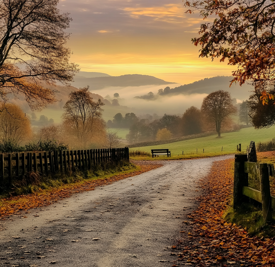 A Country Road in Autumn: Trees, Fog, Hills