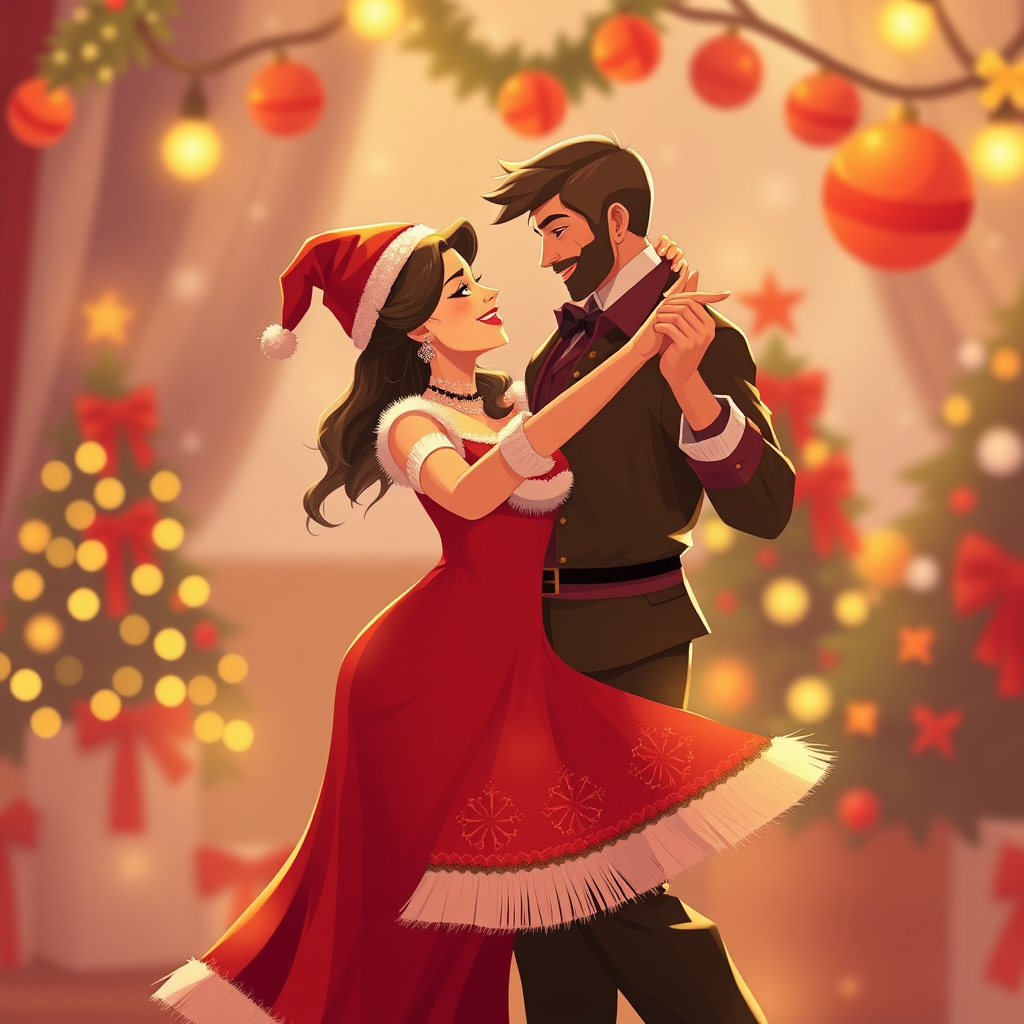 A Couple Animatedly Dancing Salsa in Christmas Attire