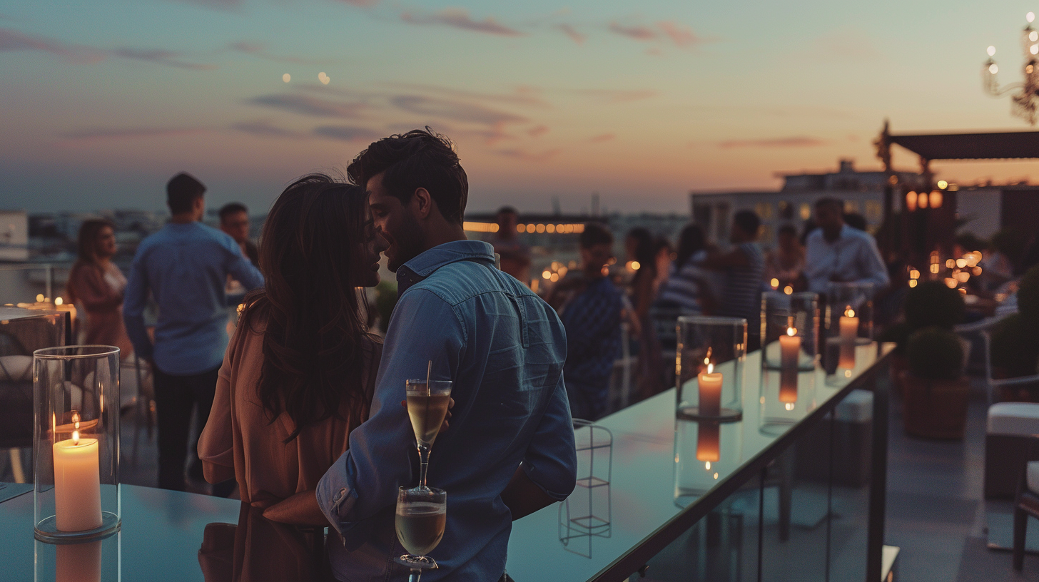 A Couple Enjoying Cocktails at Rooftop Bar at Dusk