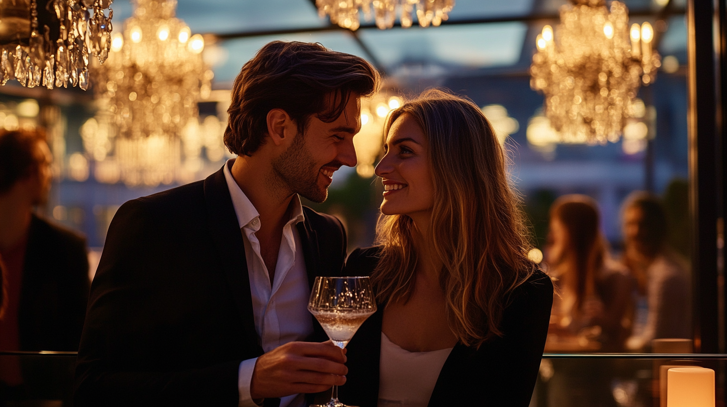 A Couple Enjoying Rooftop Bar at Dusk