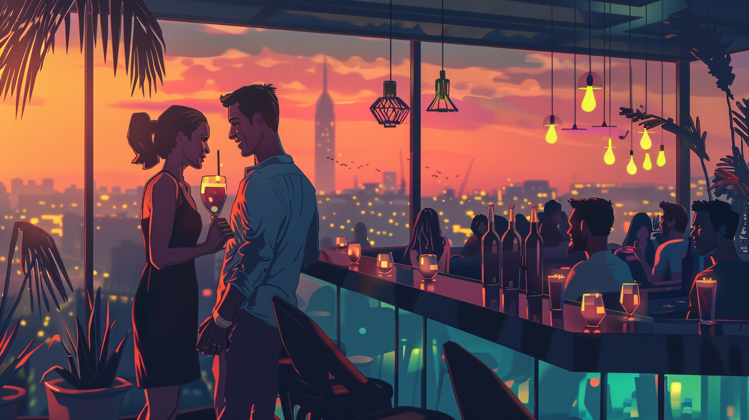 A Couple Enjoying Rooftop Bar with Scenic Dusk