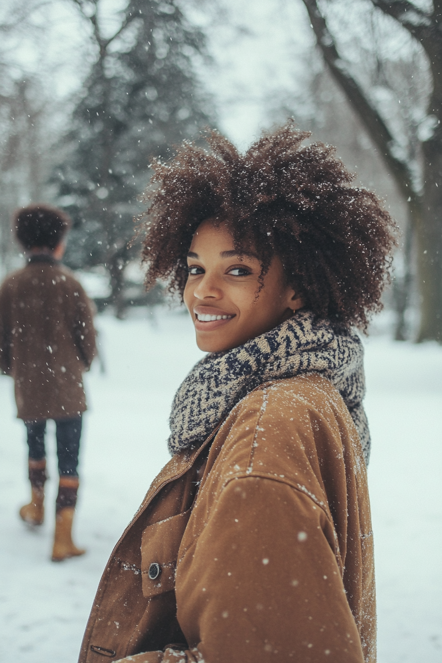 A Couple Enjoying a Snowy Winter Walk in Park