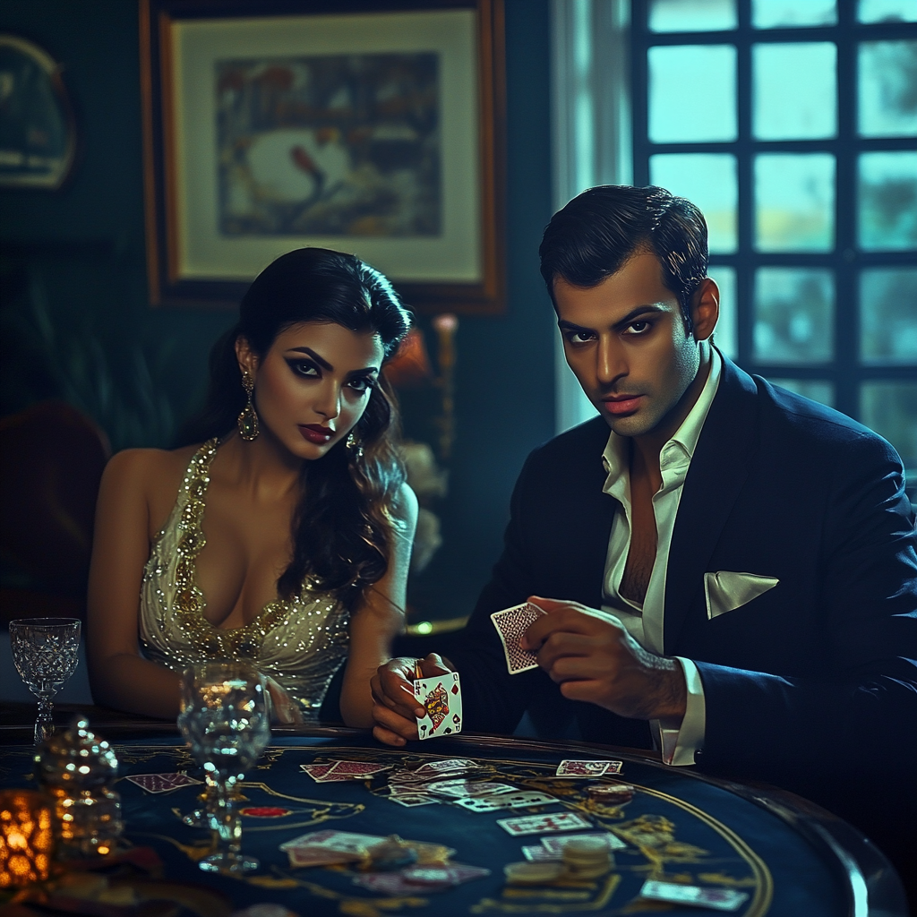 Indian Couple Playing Poker at Home Night Party