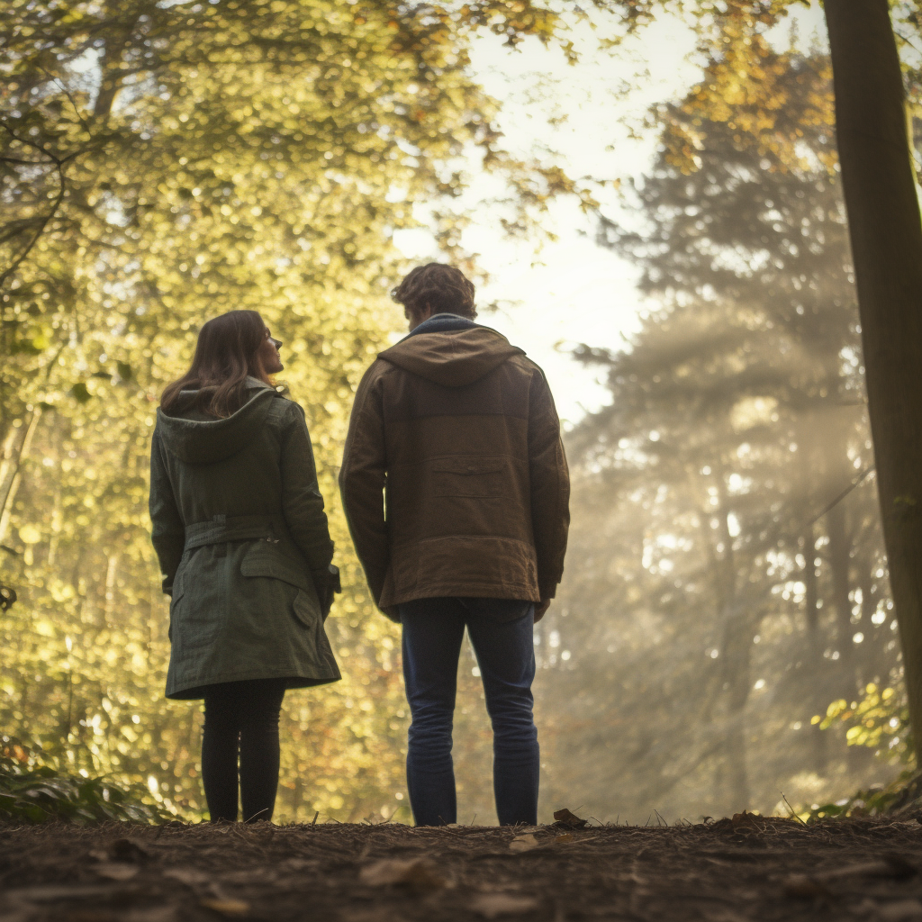 A Couple StandingTogether in a Forest Viewing Scenery