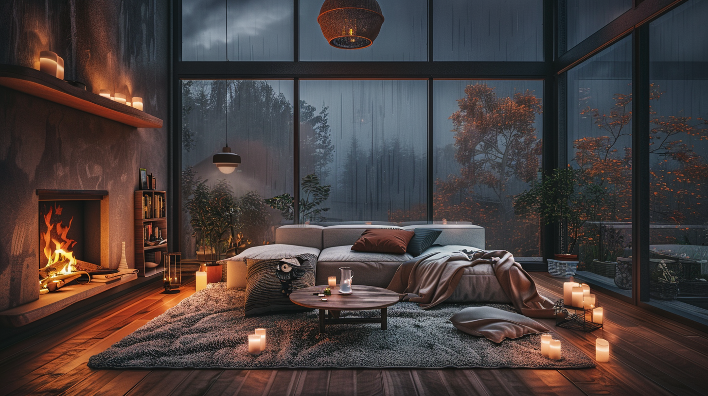 A Cozy Autumn Room with Fireplace and Candles