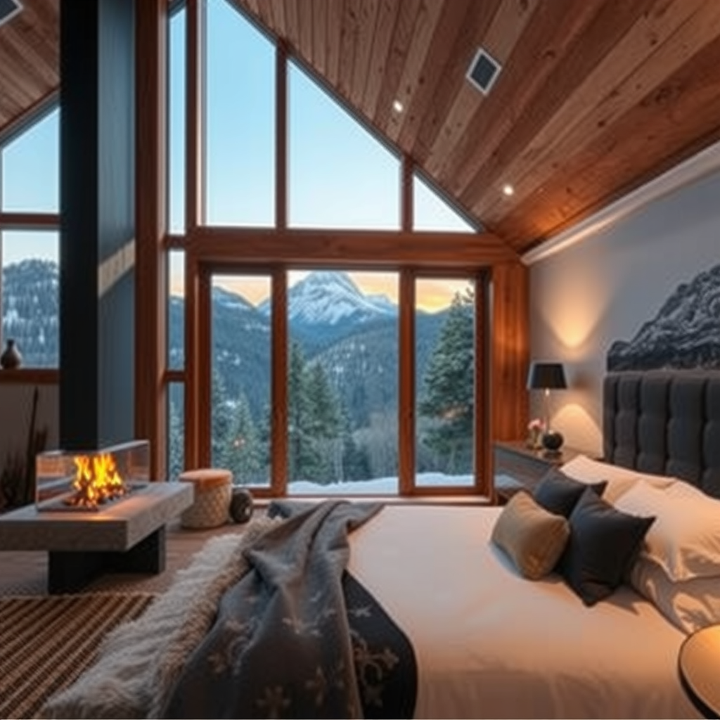 A Cozy Cabin Bedroom Overlooking the Mountains