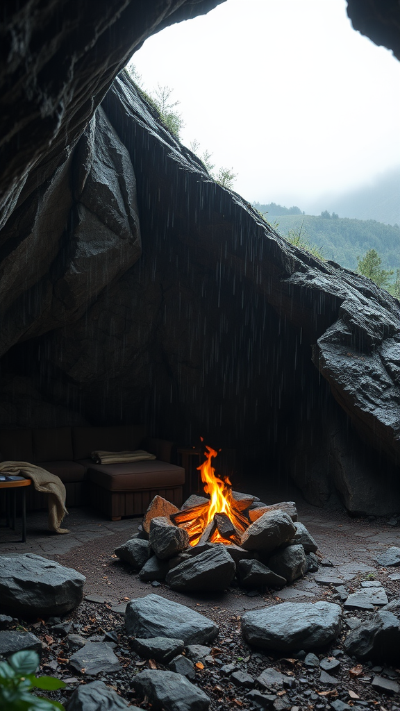 A Cozy Cave Hideout in Rainy Mountain Weather