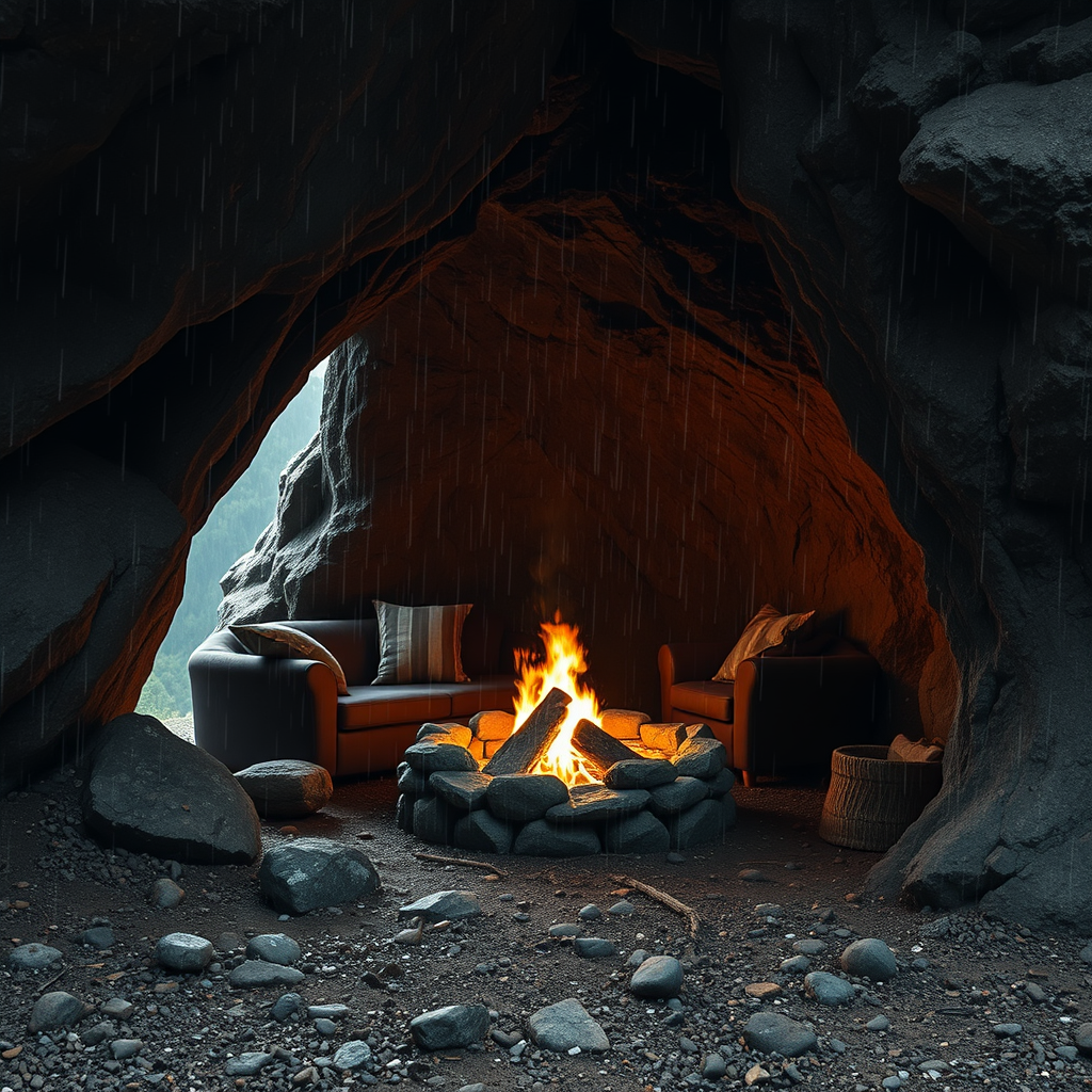 A Cozy Cave Shelter in Rainy Mountainside