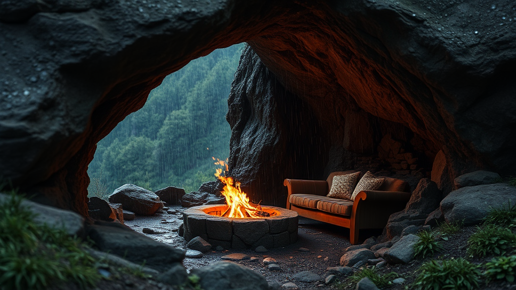 A Cozy Cave with Firepit on a Rainy Day