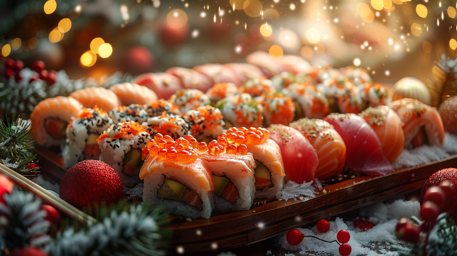 A Cozy Christmas Sushi Restaurant Background