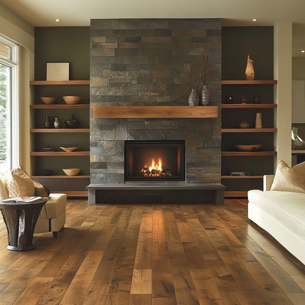 A Cozy Living Room with Fireplace and Stone