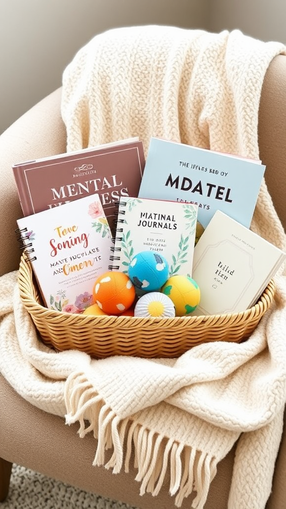 A Cozy Mental Wellness Basket with calming items