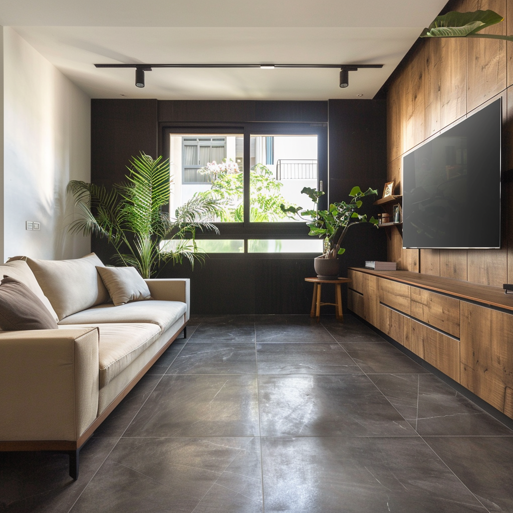 A Cozy Minimalist Living Room with Wooden Bar