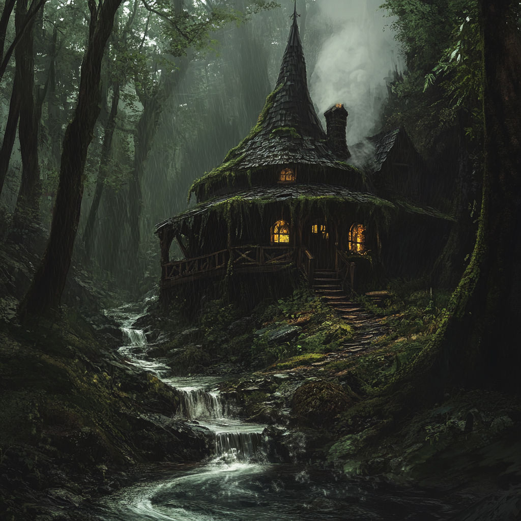 A Cozy Outpost in a Rainy Fantasy Forest