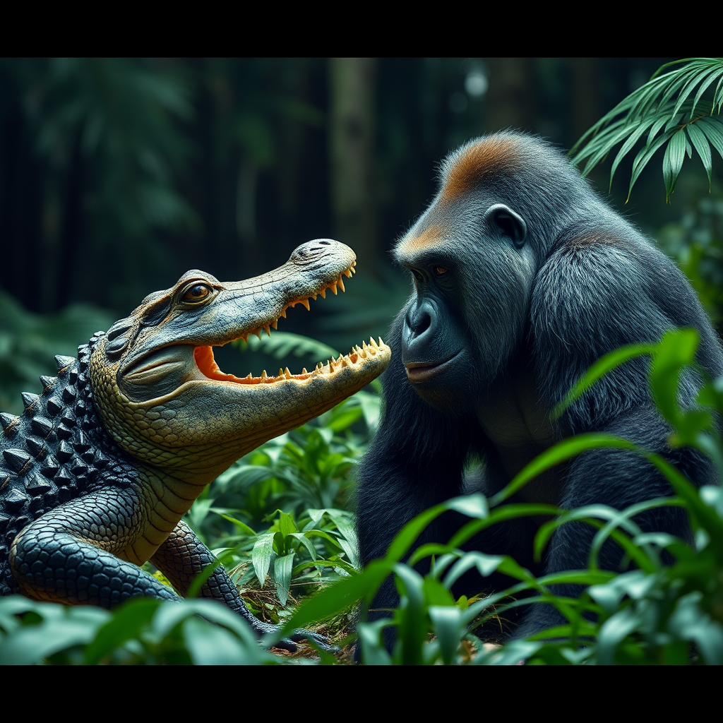 A Crocodile and Gorilla Facing Each Other