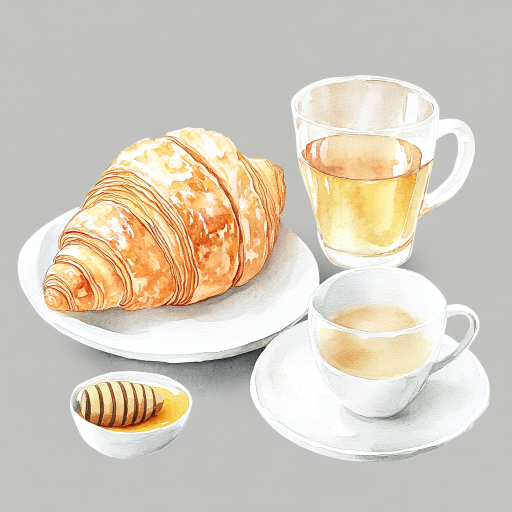 A Croissant and Tea with Honey Watercolor Illustration